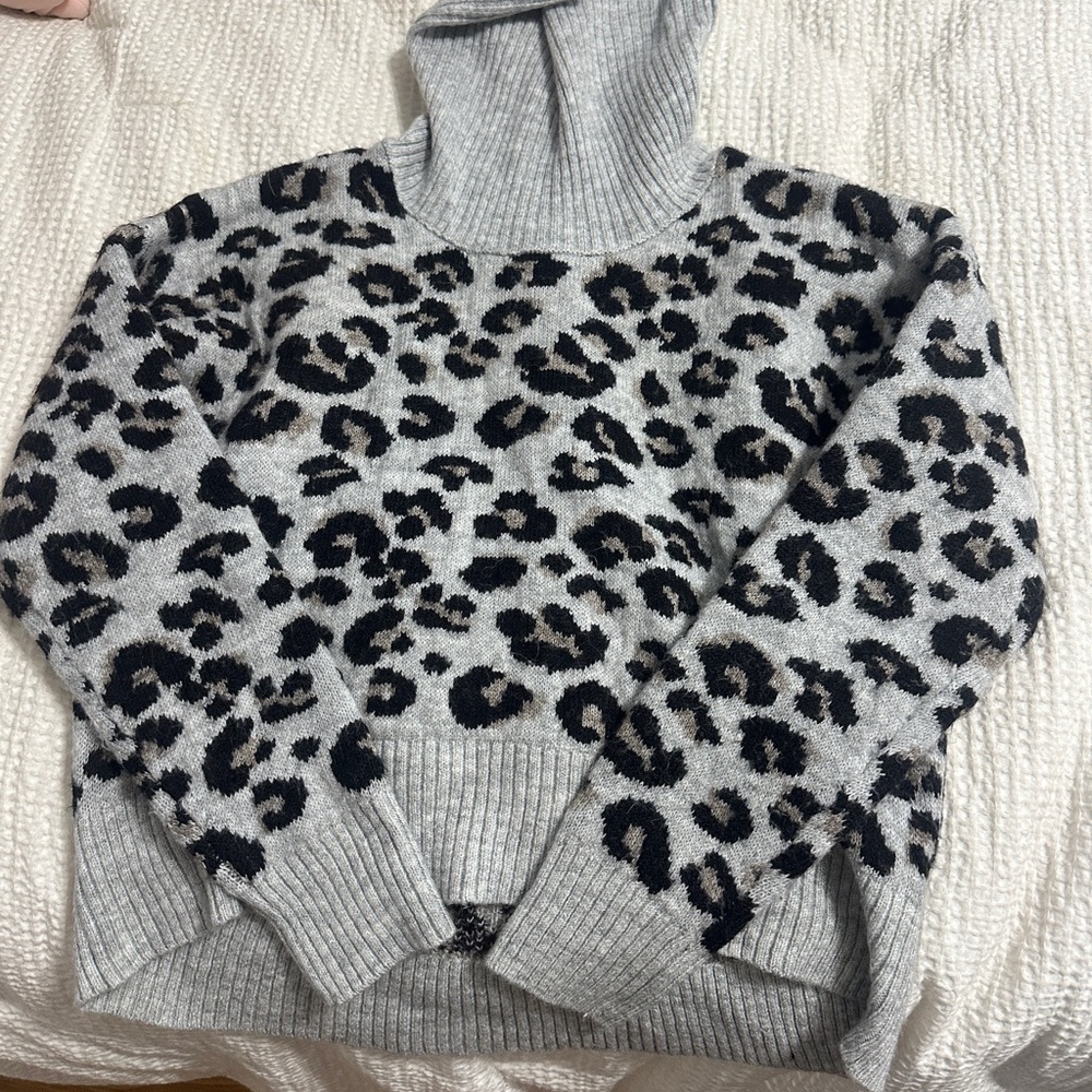 Gray Leopard Print Turtleneck Sweater